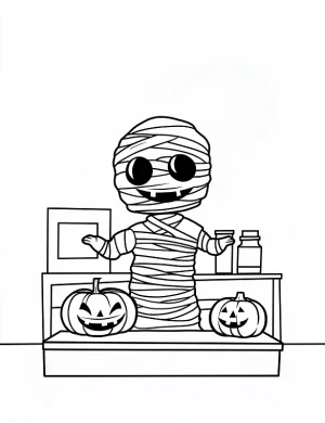 Cartoon Mummy in a Kitchen with Pumpkin Coloring Page by Mindset Flow