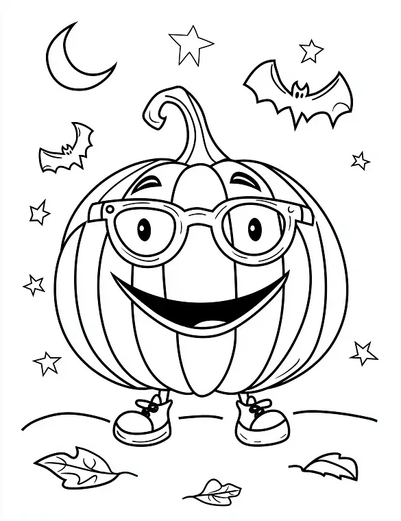Cartoon Pumpkin Character with Glasses Halloween Coloring Page by Mindset Flow