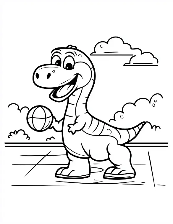 Cartoon Raptor Dinosaur Holding Basketball Coloring Page by Mindset Flow