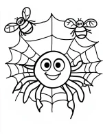 Cartoon Spider and Flies on Web Halloween Coloring Page by Mindset Flow