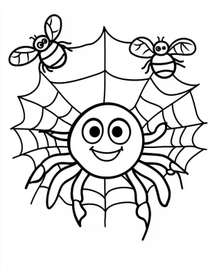Cartoon Spider and Flies on Web Halloween Coloring Page by Mindset Flow
