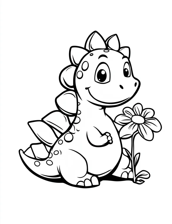 Cartoon Stegosaurus Dinosaur Holding Flower Coloring Page