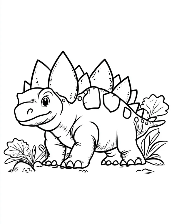 Cartoon Stegosaurus Dinosaur in Nature with Leaves Coloring Page