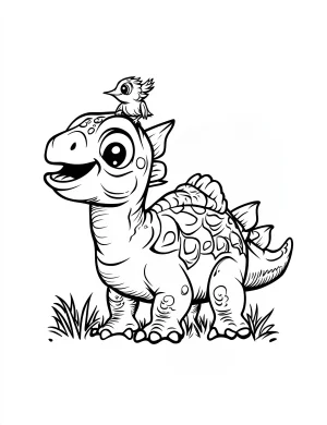 Cartoon Stegosaurus Dinosaur with Bird on Head Coloring Page