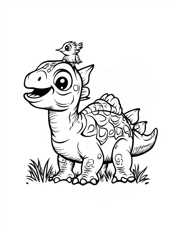 Cartoon Stegosaurus Dinosaur with Bird on Head Coloring Page