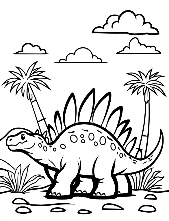 Cartoon Stegosaurus Dinosaur with Palm Trees and Clouds Coloring Page