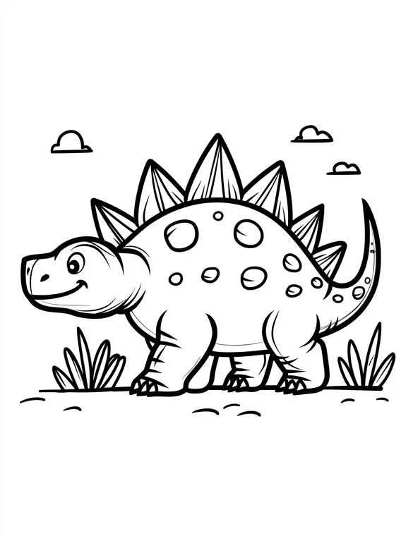 Cartoon Stegosaurus Dinosaur with Spikes and Grass Coloring Page for Kids