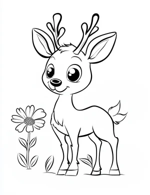 Cartoon Style Reindeer with Flower Coloring Page