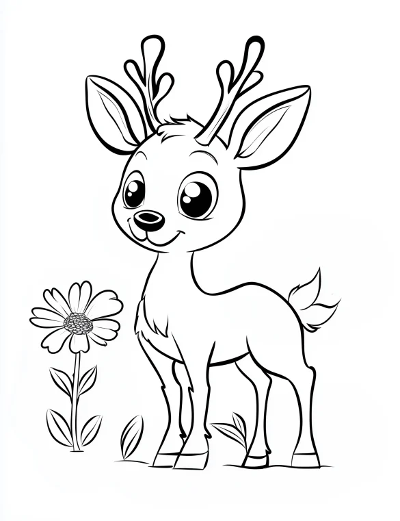 Cartoon Style Reindeer with Flower Coloring Page