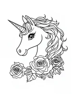 Cartoon Style Unicorn Head with Flowers Coloring Page