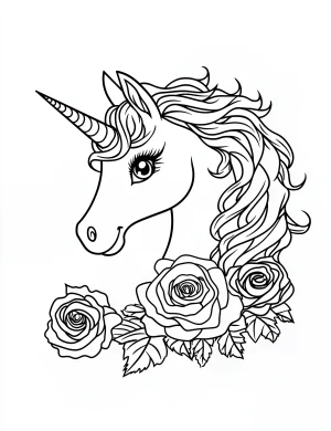 Cartoon Style Unicorn Head with Flowers Coloring Page
