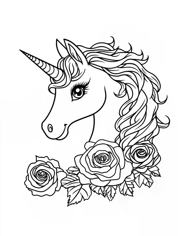Cartoon Style Unicorn Head with Flowers Coloring Page