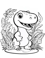 Cartoon T-Rex Dinosaur in Jungle with Plants Coloring Page