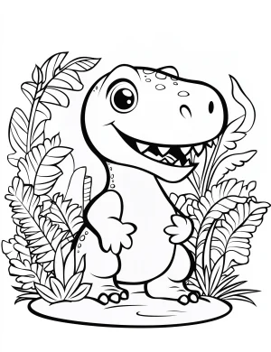 Cartoon T-Rex Dinosaur in Jungle with Plants Coloring Page