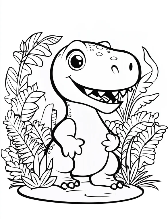 Cartoon T-Rex Dinosaur in Jungle with Plants Coloring Page