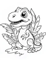 Cartoon Tyrannosaurus Rex Dinosaur with Plants Coloring Page