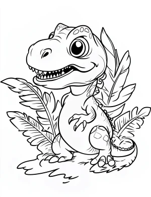 Cartoon Tyrannosaurus Rex Dinosaur with Plants Coloring Page