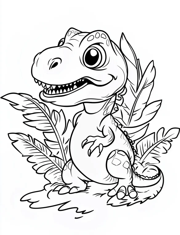 Cartoon Tyrannosaurus Rex Dinosaur with Plants Coloring Page
