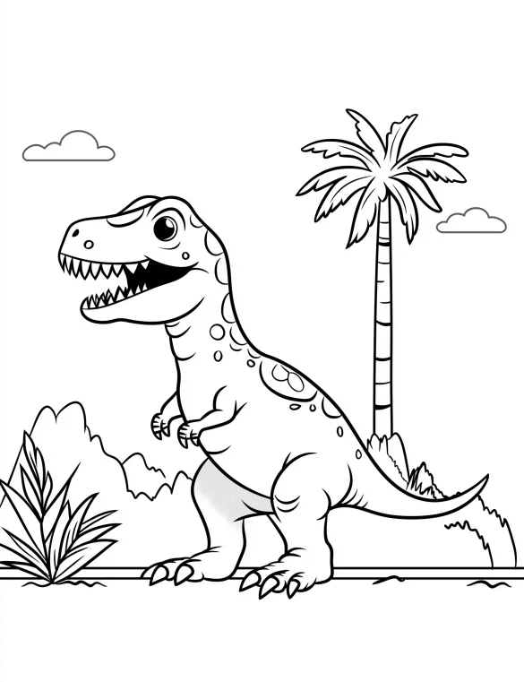 Cartoon Tyrannosaurus Rex with Palm Tree and Mountains Coloring Page