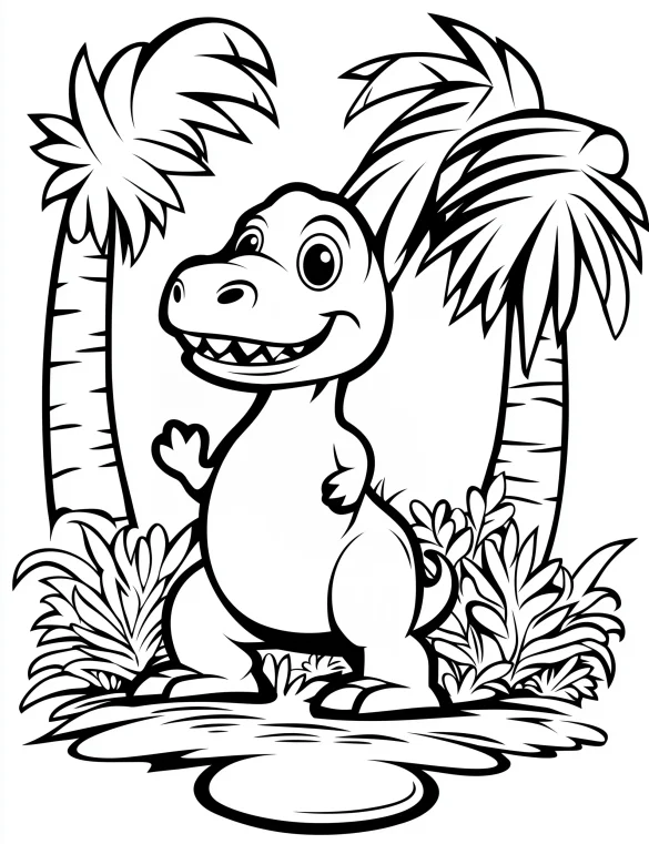 Cartoon Tyrannosaurus Rex with Palm Trees Coloring Page