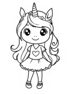Cartoon Unicorn Girl with Heart Shirt and Skirt Coloring Page