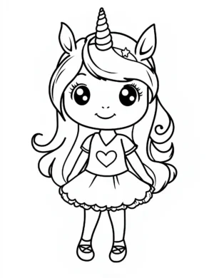 Cartoon Unicorn Girl with Heart Shirt and Skirt Coloring Page