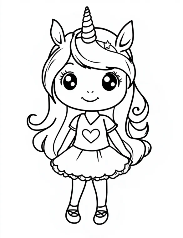 Cartoon Unicorn Girl with Heart Shirt and Skirt Coloring Page