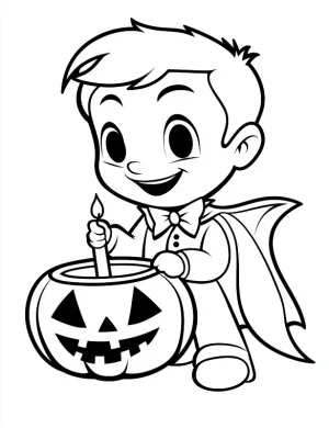 Cartoon Vampire Holding a Lit Candle Next To a Jack-o_-Lantern With a Smiling Face Coloring Page by Mindset Flow