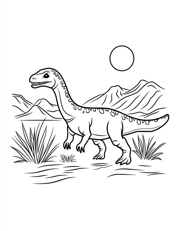 Cartoon Velociraptor Dinosaur Walking with Mountains and Sun Coloring Page