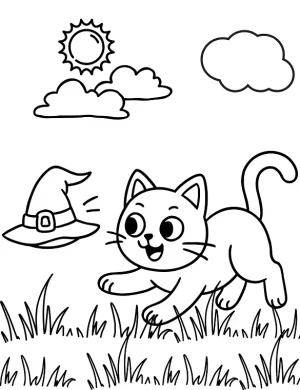 Cat Chasing a Flying Witch Hat Halloween Coloring Page by Mindset Flow