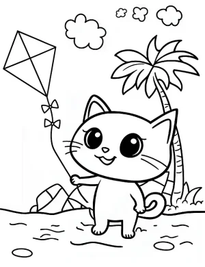 Cat Flying a Kite on the Beach Coloring Page by Mindset Flow