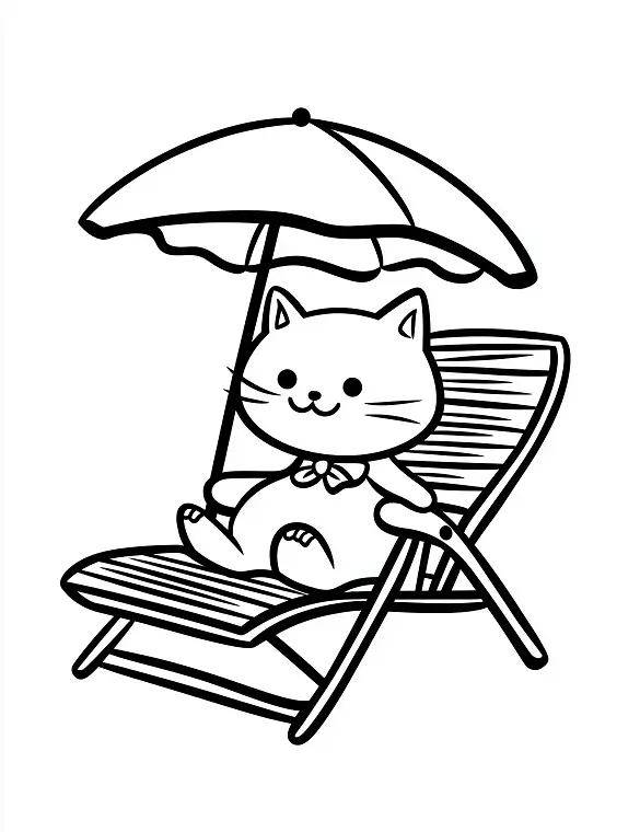 Cat Relaxing Under Umbrella On Beach Chair Adult Coloring Page By Mindset Flow