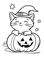 Cat Sitting Next To A Jack-o-Lantern Pumpkin Wearing A Witch Hat Coloring Page by Mindset Flow