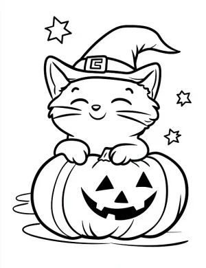 Cat Sitting Next To A Jack-o-Lantern Pumpkin Wearing A Witch Hat Coloring Page by Mindset Flow