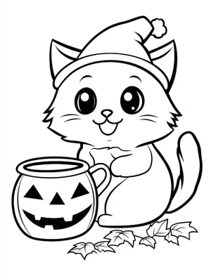 Cat Sitting Next To A Smiling Halloween Pumpkin Coloring Page by Mindset Flow