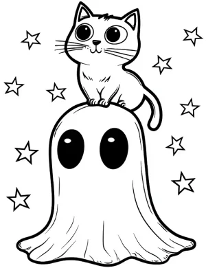 Cat Sitting on Top of a Ghost Halloween Coloring Page by Mindset Flow