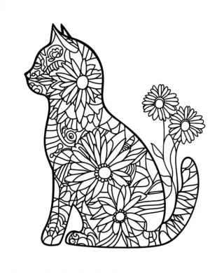 Cat Surrounded By Daisies Flower Coloring Page
