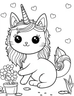 Cat Unicorn Planting Flowers with Hearts Coloring Page