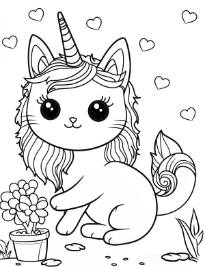Cat Unicorn Planting Flowers with Hearts Coloring Page