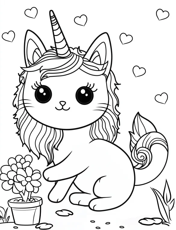 Cat Unicorn Planting Flowers with Hearts Coloring Page