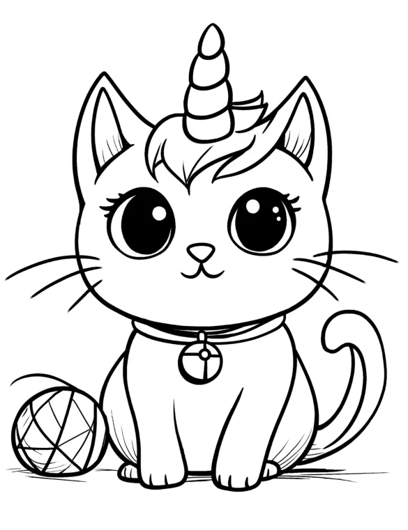 Cat Unicorn Playing with Ball of Yarn Coloring Page