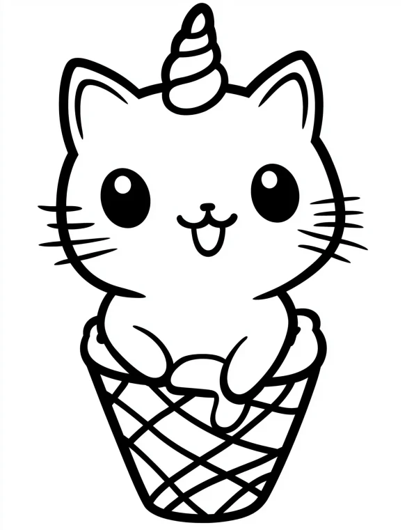 Cat Unicorn Sitting Inside a Melting Ice Cream Cone Coloring Page