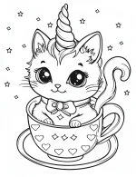 Cat Unicorn Sitting in Cup with Stars and Bow Coloring Page