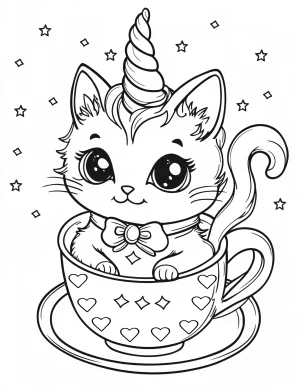 Cat Unicorn Sitting in Cup with Stars and Bow Coloring Page