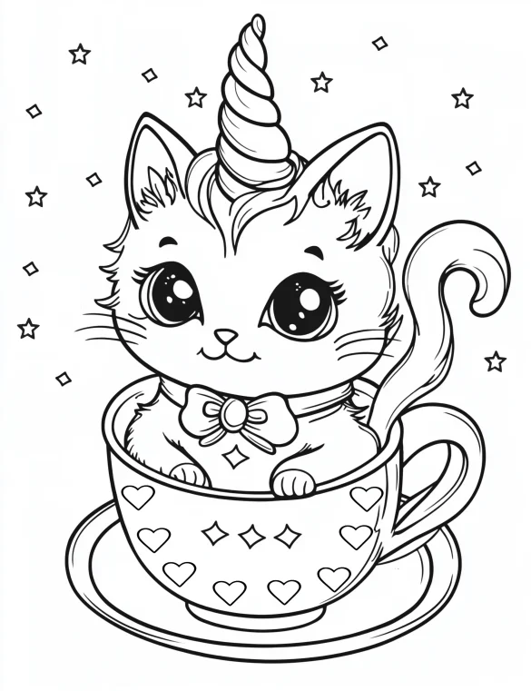Cat Unicorn Sitting in Cup with Stars and Bow Coloring Page