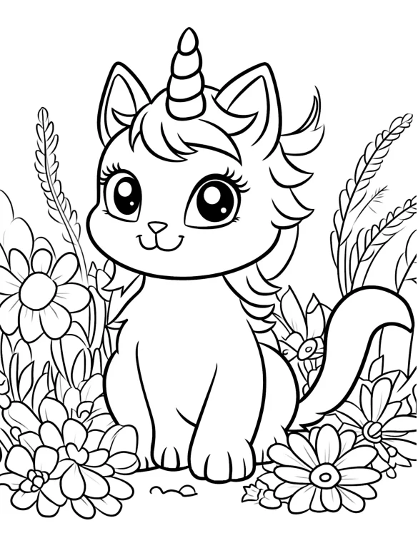 Cat Unicorn Sitting in Flower Garden Coloring Page