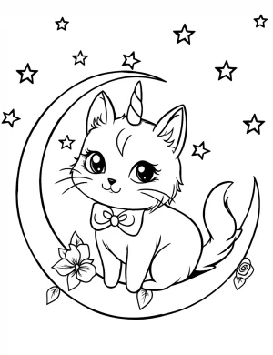 Cat Unicorn Sitting on Crescent Moon with Stars and Flowers Coloring Page