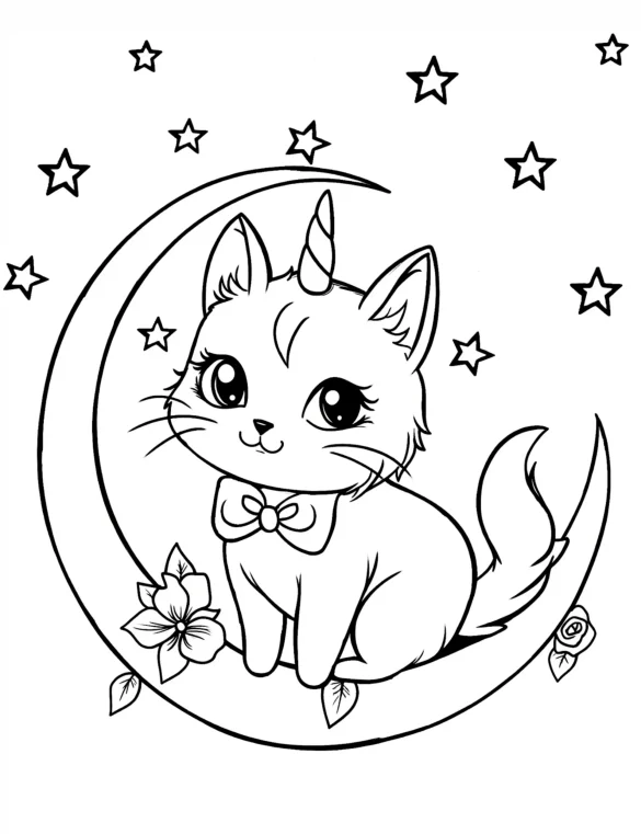 Cat Unicorn Sitting on Crescent Moon with Stars and Flowers Coloring Page