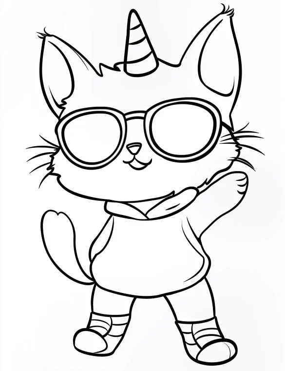 Cat Unicorn Wearing Sunglasses and Hoodie Coloring Page