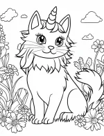 Cat Unicorn in a Floral Garden Coloring Page